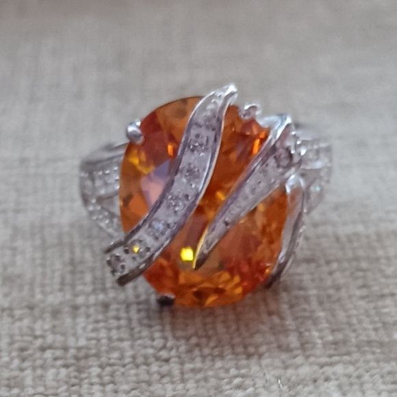 Gold Synthetic Gem Stone Marcasite Silver Ring - Picture 6 of 10